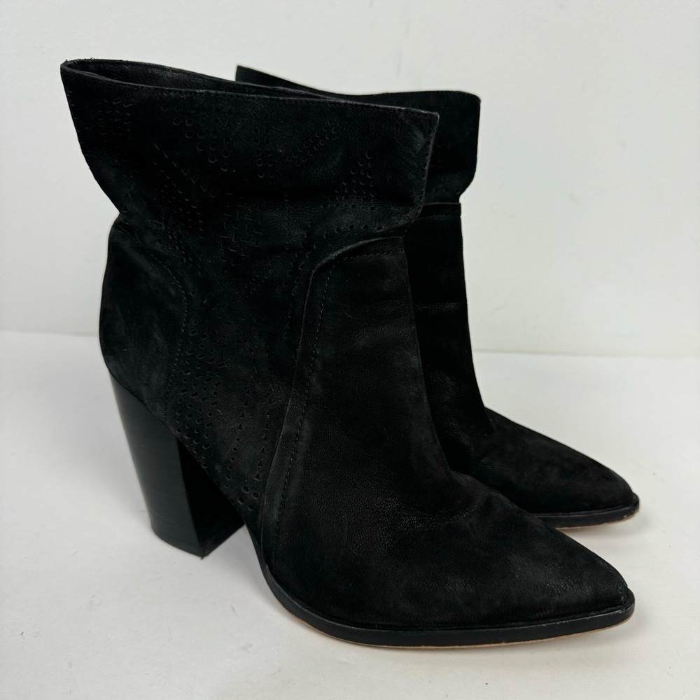 Vince Camuto Black Leather Suede Pointed Toe Block Heel Ankle Boots Booties